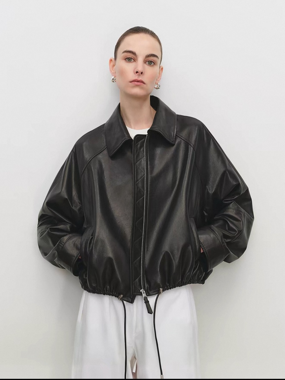 Classic Real Leather Bomber Jacket - Women